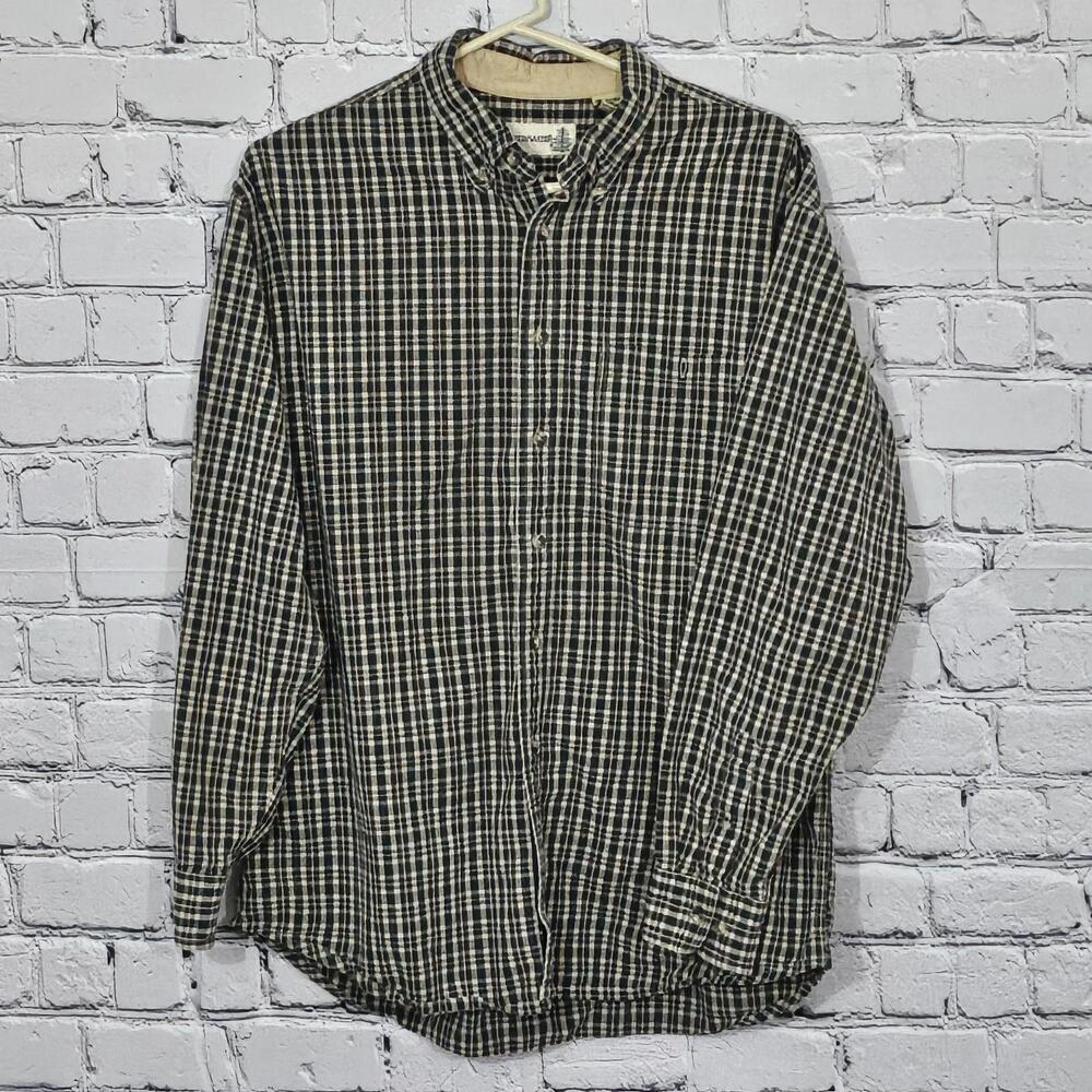 *Fieldmaster Navy Tan Plaid Long Sleeve Button-Up Shirt Size L